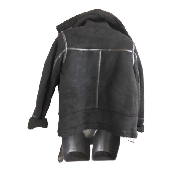 Black moto bomber buckled faux shearling biker jacket coat size small new - Picture 5 of 16